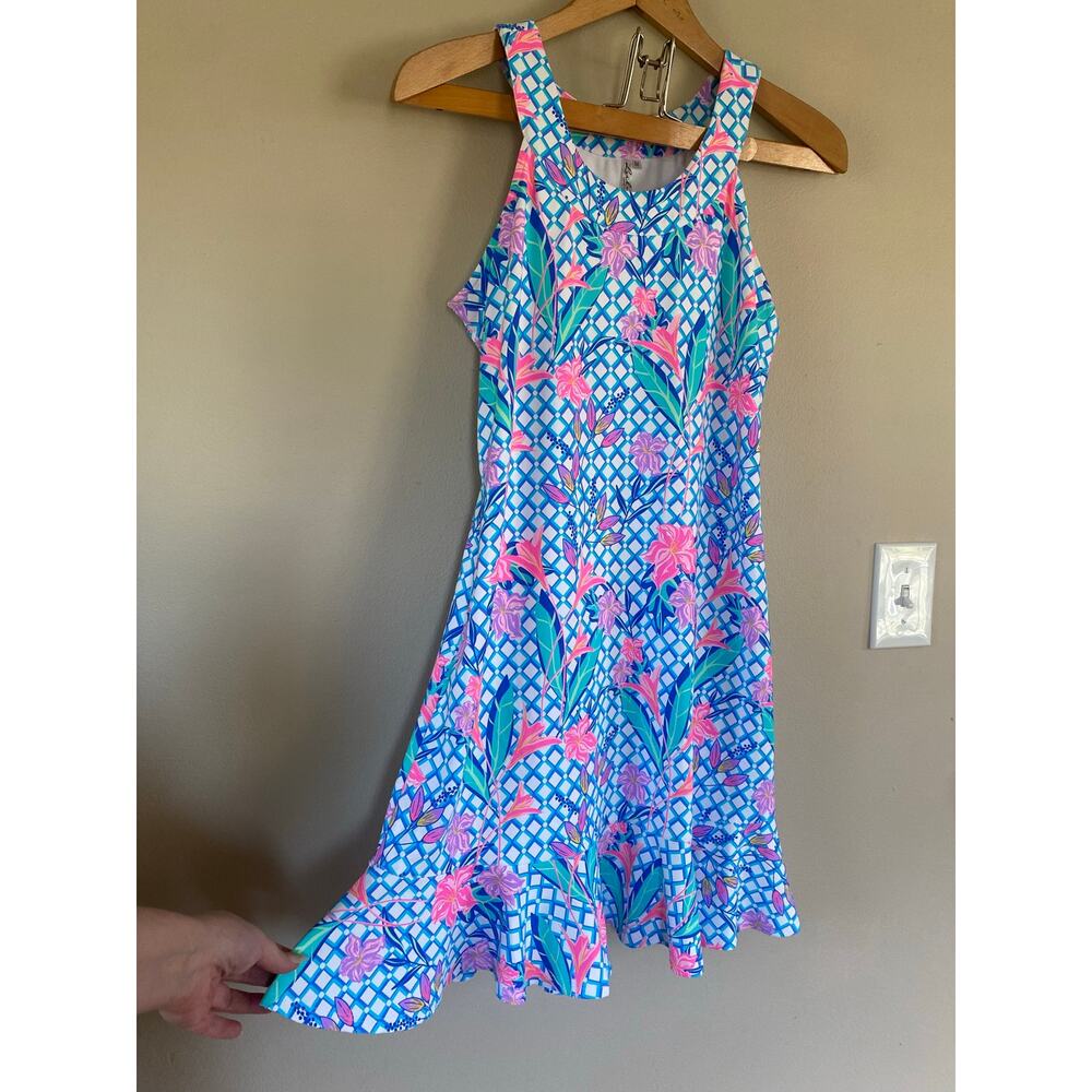 EUC Lulu-B Size M geometric colorful floral sleeveless dress size M trellis - Picture 2 of 4